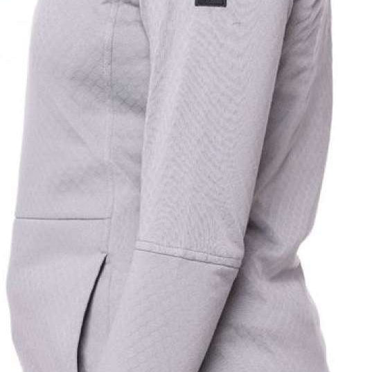 The 686 Ladies Mission Grid Fleece Hoodie 2023 is light gray with an insulated hood and a logo patch on the left sleeve.