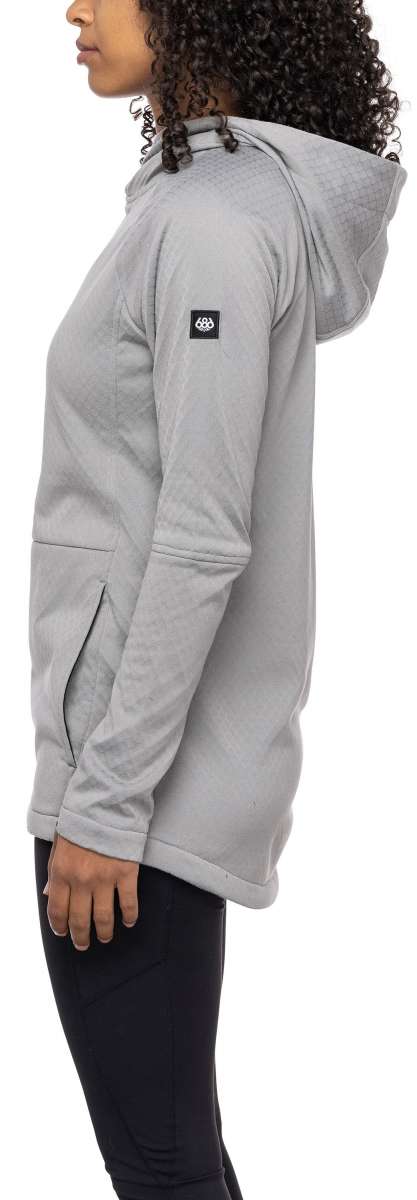 The 686 Ladies Mission Grid Fleece Hoodie, viewed from the back, is light gray with an insulated hood and a small black logo on the left sleeve.