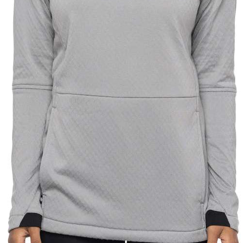 The 686 Ladies Mission Grid Fleece Hoodie 2023 is light gray with a subtle grid pattern and an insulated hood.