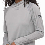 The 686 Ladies Mission Grid Fleece Hoodie 2023 in light gray has an insulated hood and a kangaroo pocket on the front.