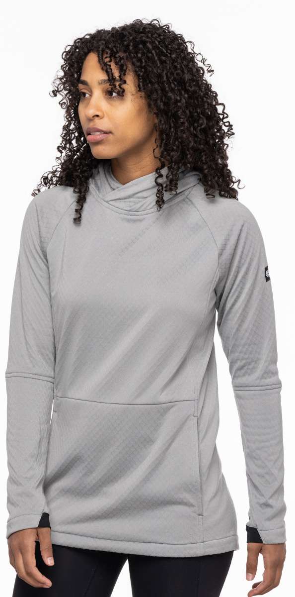 The 686 Ladies Mission Grid Fleece Hoodie 2023 in light grey features a hood and a grid pattern on a front view.