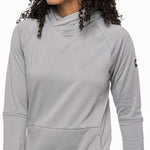 The 686 Ladies Mission Grid Fleece Hoodie 2023 in light grey features a hood and a grid pattern on a front view.