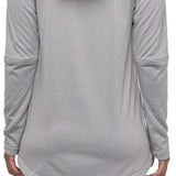 The 686 Ladies Mission Grid Fleece Hoodie in light grey has an insulated hood and a kangaroo pocket.