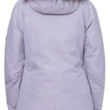 The 686 Women's Nova Insulated Jacket 2024 is shown from behind in light gray with a fur-lined hood.