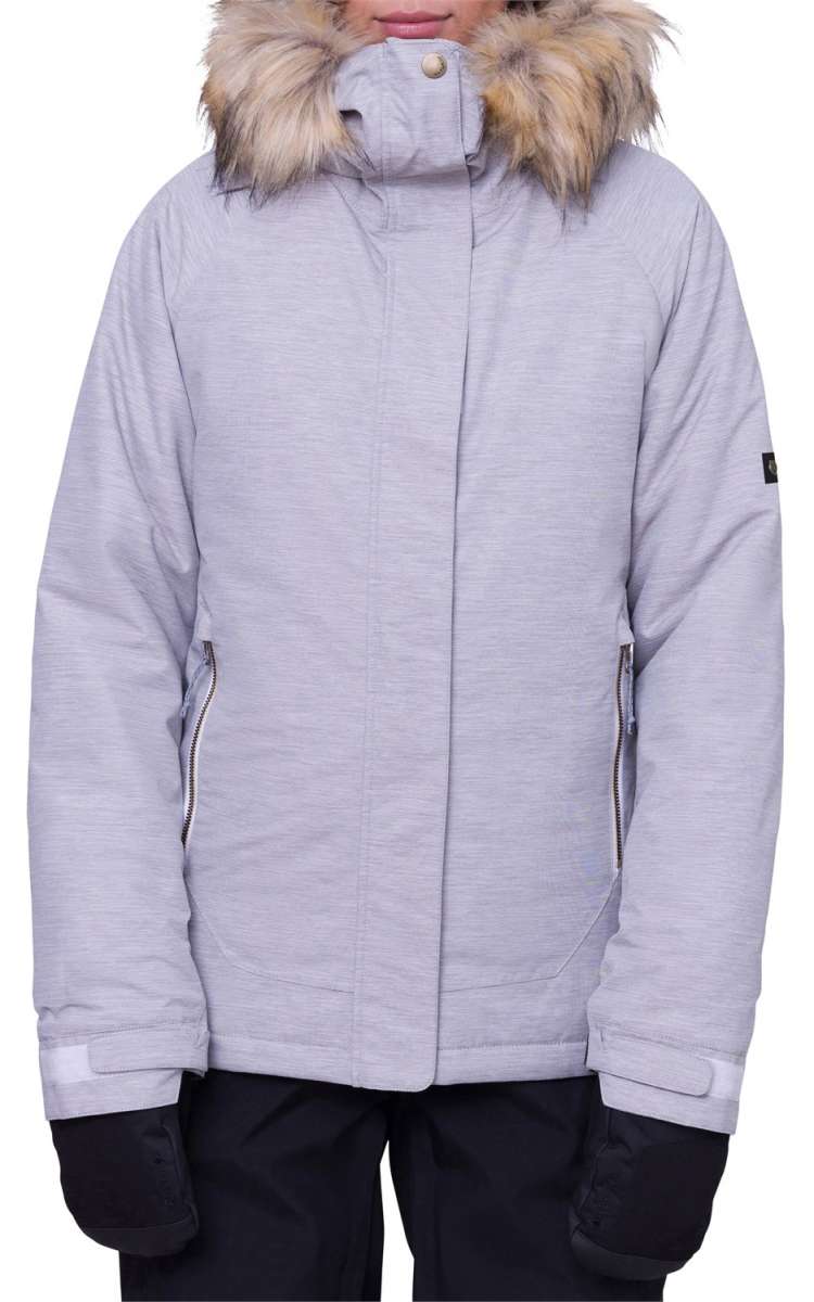 The 686 Women's Nova Insulated Jacket 2024 is predominantly light gray with dark gray accents and features an insulated hood.