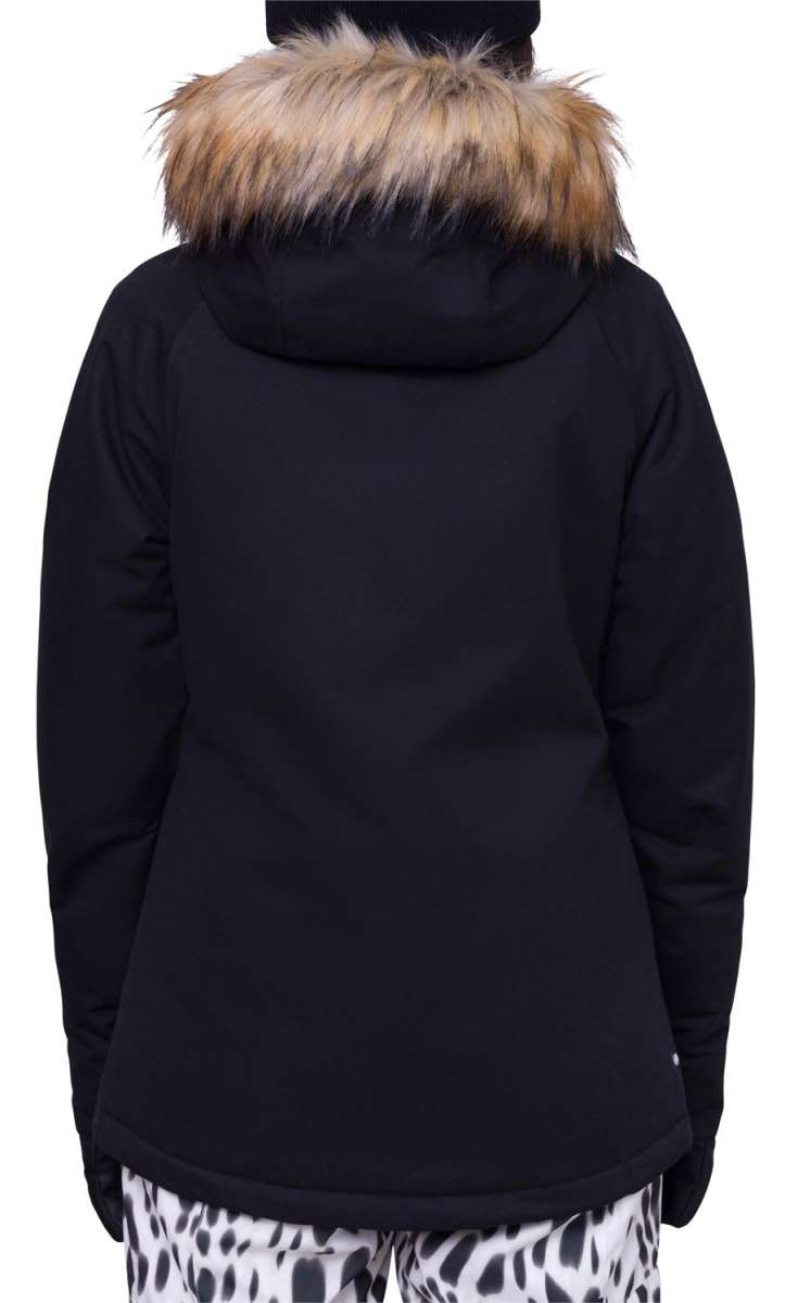 The 686 Women's Nova Insulated Jacket 2024 in this image has a solid black color and an oversized fur-lined hood.