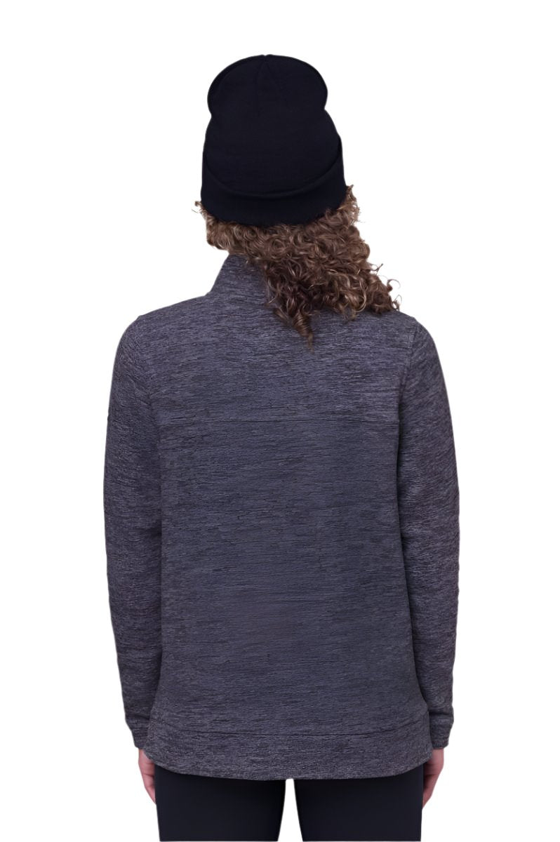 The 686 Women's Quarter Zip Fleece 2024 in dark gray heather color has a quarter zip neckline and long sleeves.