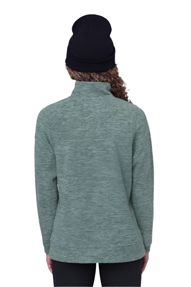 The 686 Women's Quarter Zip Fleece 2024 is light green with a heathered texture and a quarter zip closure at the back.