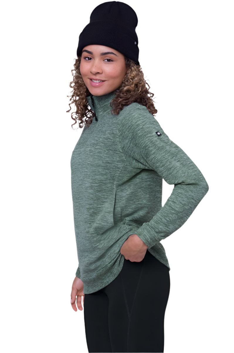 The 686 Women's Quarter Zip Fleece 2024 is depicted in a green heather color with a black zipper and drawstring at the waist.