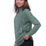 The 686 Women's Quarter Zip Fleece 2024 is depicted in a green heather color with a black zipper and drawstring at the waist.