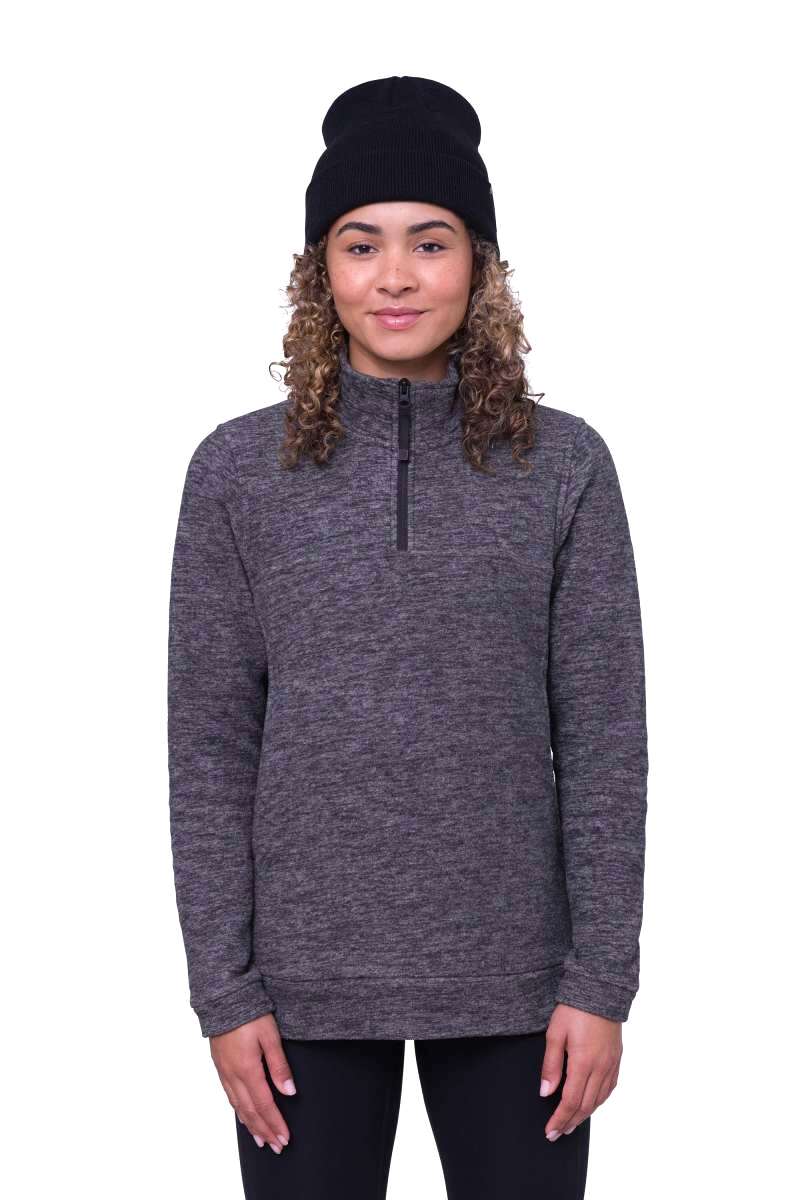 The 686 Women's Quarter Zip Fleece 2024 in purple heather color has a black zipper and is shown from the front view.