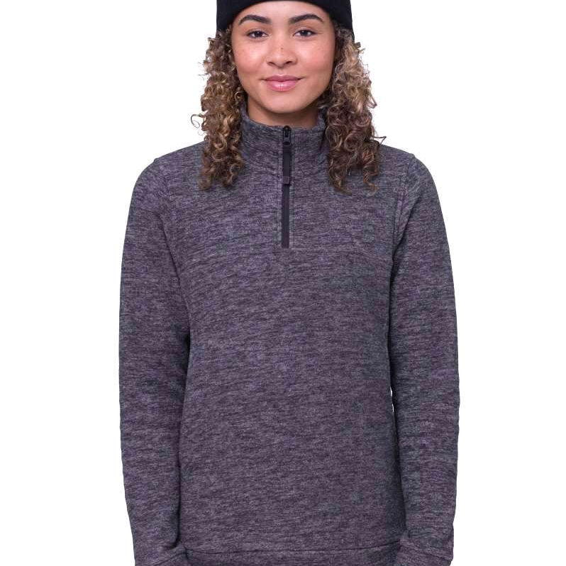 The 686 Women's Quarter Zip Fleece 2024 in purple heather color has a black zipper and is shown from the front view.