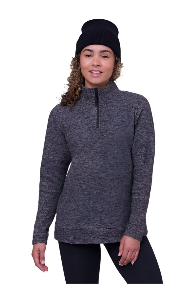 The 686 Women's Quarter Zip Fleece 2024 in dark heather grey has a quarter zip fastening and long sleeves.