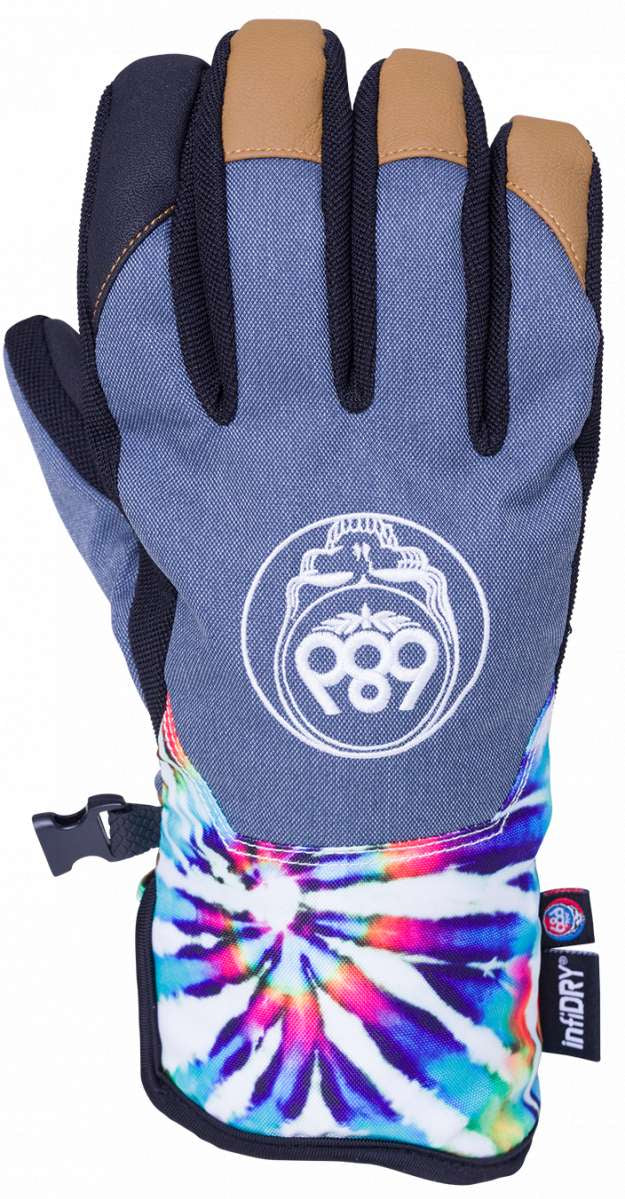 The 686 Women's Revel Grateful Dead Gloves 2024 have a gray palm with tan accents and a colorful tie-dye pattern on the back.