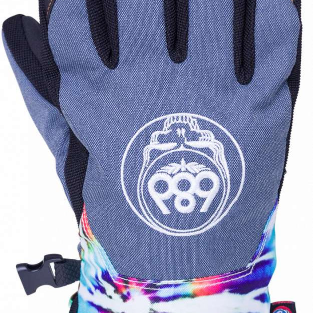 The 686 Women's Revel Grateful Dead Gloves 2024 have a gray palm with tan accents and a colorful tie-dye pattern on the back.