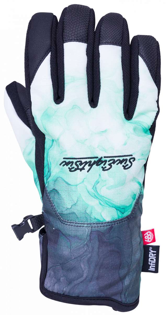 The 686 Ladies Revel Gloves 2024 are white with teal marbled detailing and a black cuff.