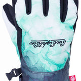 The 686 Ladies Revel Gloves 2024 are white with teal marbled detailing and a black cuff.