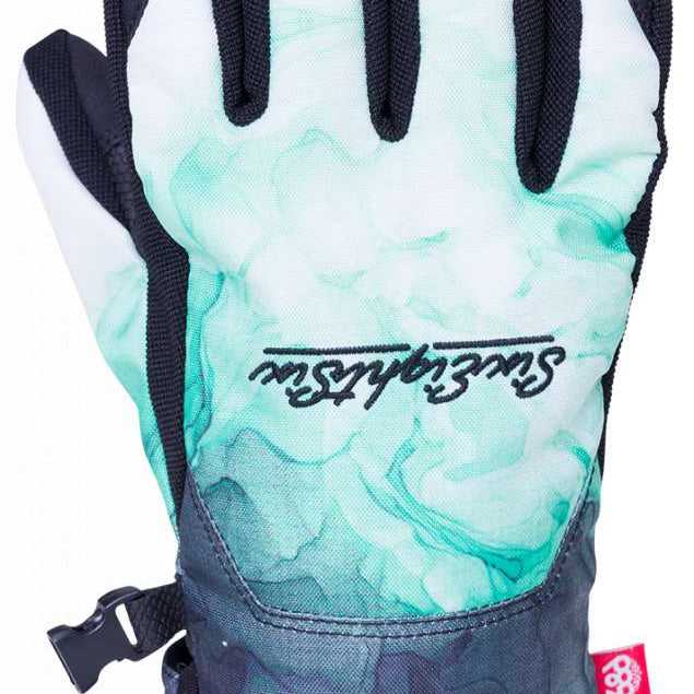 The 686 Ladies Revel Gloves 2024 are white with teal marbled detailing and a black cuff.