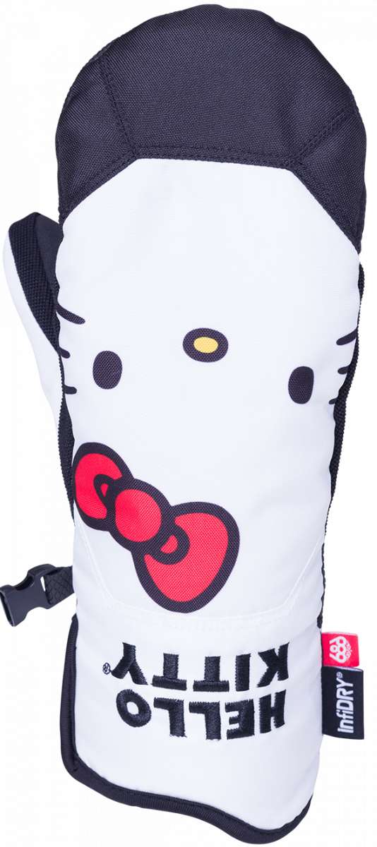 The 686 Revel mittens are white with black accents and have an insulated hood.