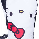 The 686 Revel mittens are white with black accents and have an insulated hood.