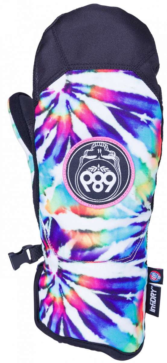 The 686 Women's Revel Mittens 2024 are shown in a front view with a tie-dye design that features shades of pink, purple, blue, and white.