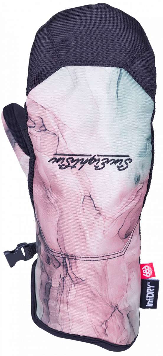 The 686 Women's Revel Mittens 2024 are black and grey with an abstract design on the back.