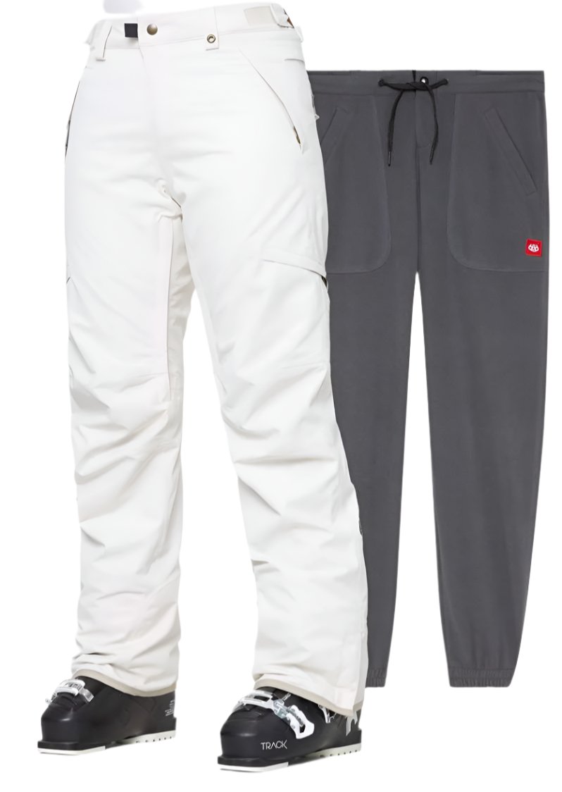 The 686 Women's Smarty 3-in-1 Cargo Pant 2024 has a white front view with a straight leg and zippered cargo pockets on the thighs.
