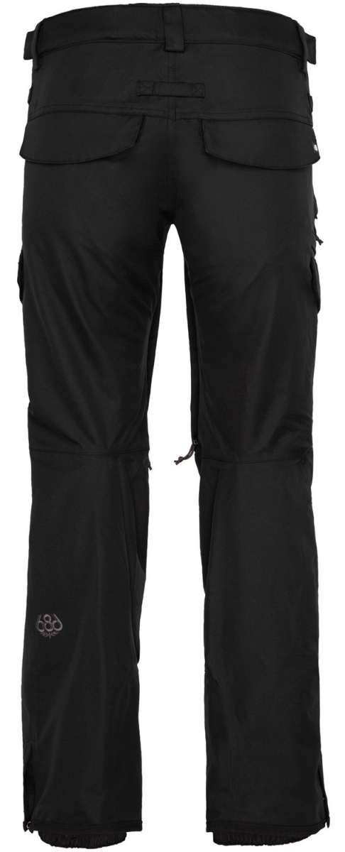 The 686 Women's Smarty 3-in-1 Cargo Pant 2024 is black with two cargo pockets on the side and a zippered pocket in the back.