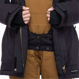 The 686 Women's Spirit Insulated Jacket 2024 is black with an insulated hood and red zipper pull.