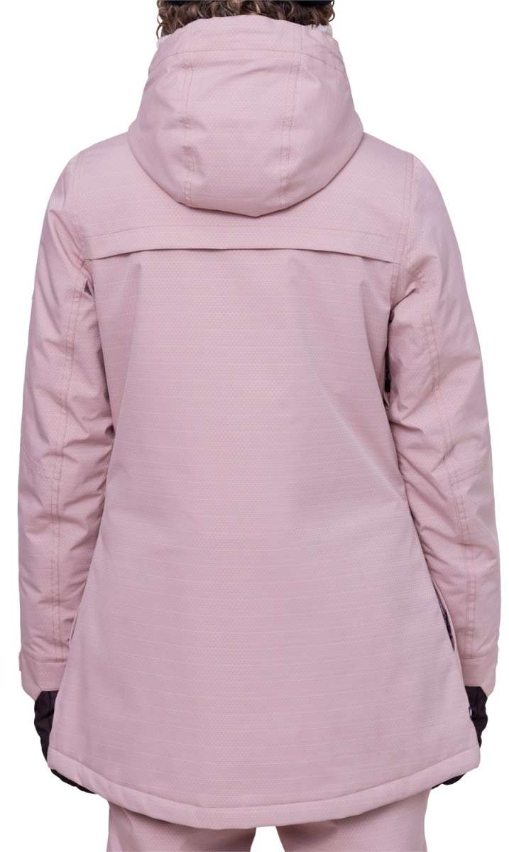 The 686 Women's Spirit Insulated Jacket 2024 is primarily light pink with black accents on the thumb holes.