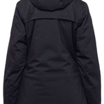 The 686 Women's Spirit Insulated Jacket 2024 is shown in black from the rear view, highlighting its insulated hood and adjustable waist buckle.