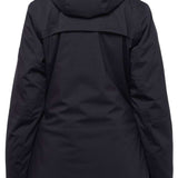 The 686 Women's Spirit Insulated Jacket 2024 is shown in black from the rear view, highlighting its insulated hood and adjustable waist buckle.