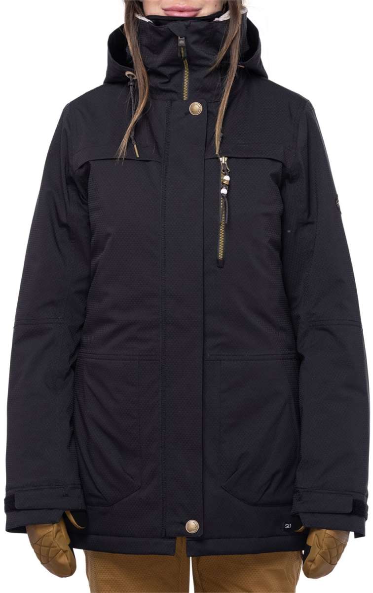 The 686 Women's Spirit Insulated Jacket 2024 is black with an insulated hood and gold zipper.