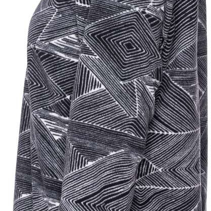 The 686 Tioga Fleece Pullover is predominantly black with a white abstract geometric pattern and a high collar.