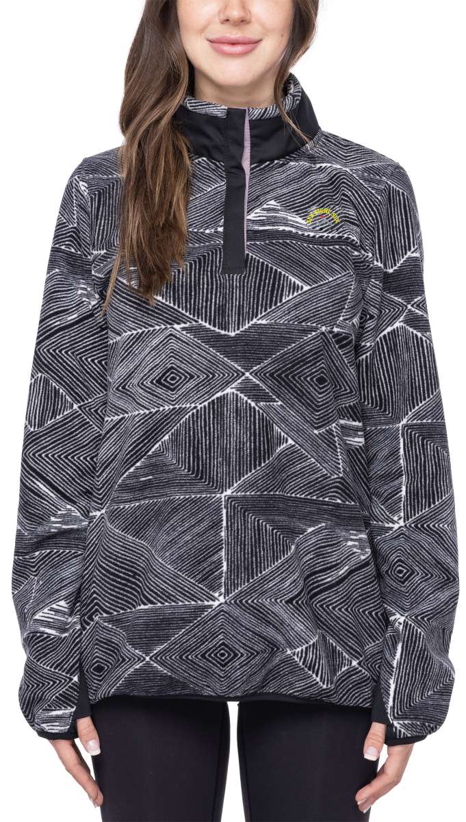 The 686 Ladies Tioga Fleece Pullover 2023 is primarily black and white with geometric patterns and a high collar.