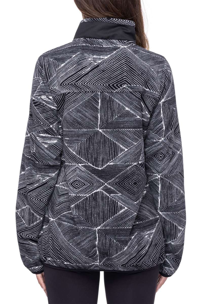 The 686 Ladies Tioga Fleece Pullover 2023 is shown in black and white with a geometric pattern.