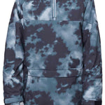 The 686 Upton Insulated Anorak Jacket, visible from the front view, showcases a blue and gray tie-dye pattern with an insulated hood.