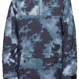 The 686 Upton Insulated Anorak Jacket, visible from the front view, showcases a blue and gray tie-dye pattern with an insulated hood.