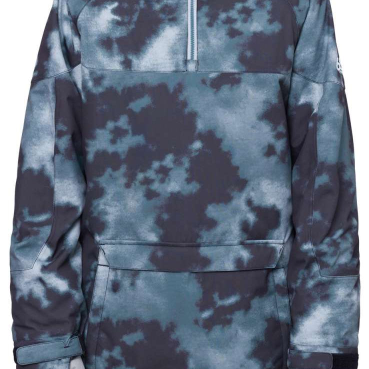 The 686 Upton Insulated Anorak Jacket, visible from the front view, showcases a blue and gray tie-dye pattern with an insulated hood.
