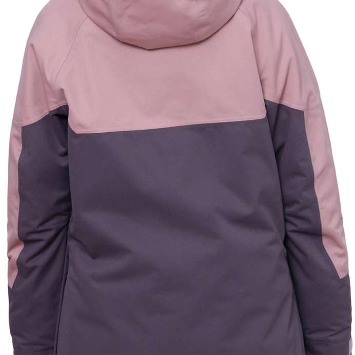 The 686 Women's Upton Insulated Anorak Jacket 2024 is predominantly mauve with a charcoal grey chest panel and back.