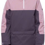The 686 Women's Upton Insulated Anorak Jacket 2024 in the front view showcases a pink and dark gray color scheme with an insulated hood.