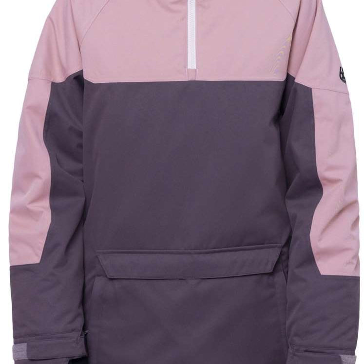 The 686 Women's Upton Insulated Anorak Jacket 2024 in the front view showcases a pink and dark gray color scheme with an insulated hood.