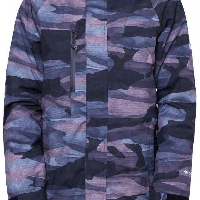 The 686 Women's Willow GORE-TEX Insulated Jacket 2024 is primarily purple and black with a camouflage pattern.