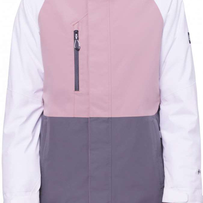 The 686 Women's Willow GORE-TEX Insulated Jacket 2024 in this front view features a predominantly pink color scheme with white accents on the sleeves and gray at the bottom.