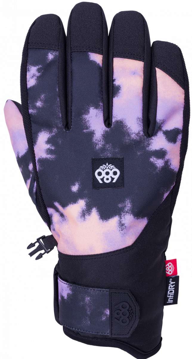 The 686 Primer Glove 2024 has a black and purple tie-dye pattern on a dark background.