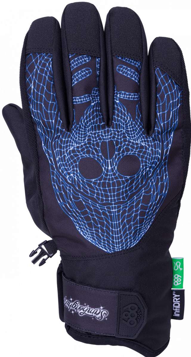 The 686 Primer Glove 2024 is black with a blue spiderweb-like design on the back of the hand.