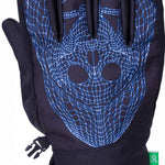 The 686 Primer Glove 2024 is black with a blue spiderweb-like design on the back of the hand.
