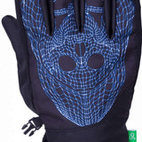 The 686 Primer Glove 2024 is black with a blue spiderweb-like design on the back of the hand.