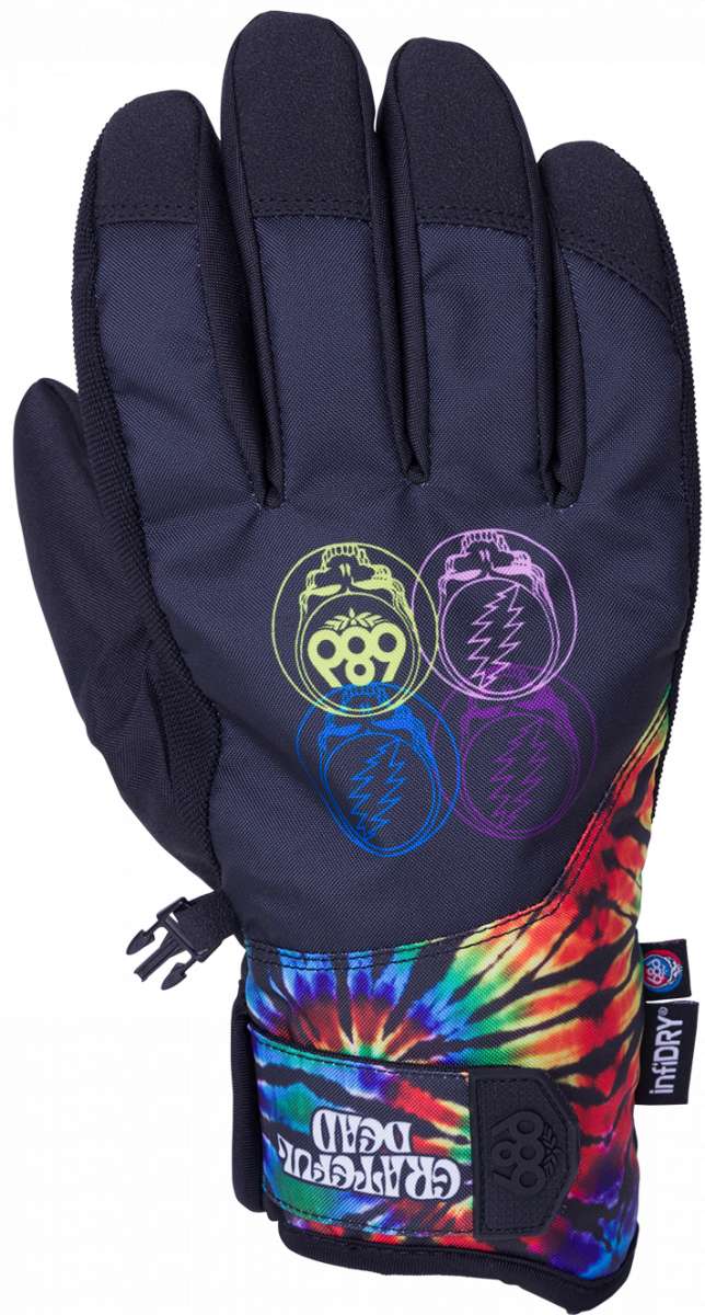 The 686 Primer Glove 2024 is black with neon green and purple graphics on the palm.