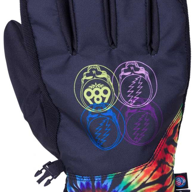 The 686 Primer Glove 2024 is black with neon green and purple graphics on the palm.